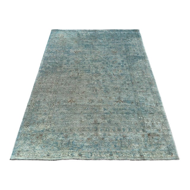 Modern Teal & Beige Traditional Oushak Wool Area Rug For Sale