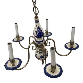 Vintage Mid 20th Century Delft Blue and White 5 Arm Chandelier For Sale