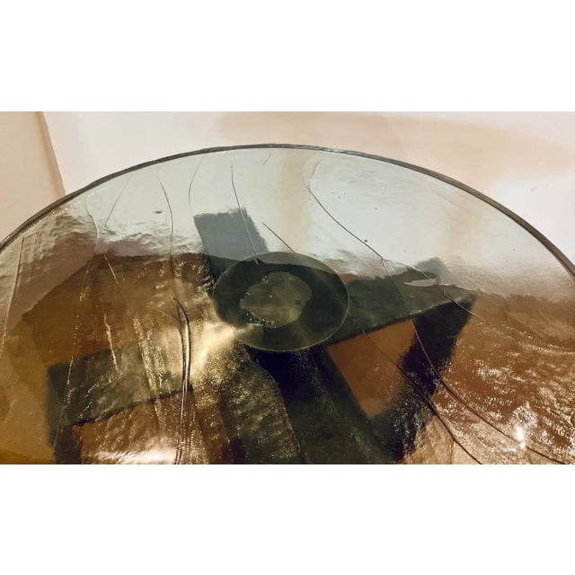Stylish Industrial Modern Smoked Textured Thick Glass Cocktail Table, textured dark bronze metal base, showroom floor sample