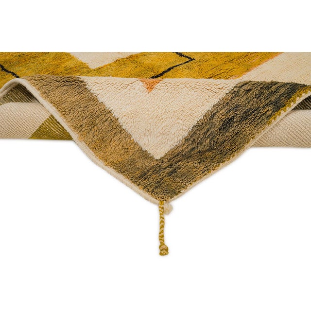 Stylish hand-knotted wool rug showcasing a modern composition of Ivory, Olive Green, Mustard Yellow, Terrarium Moss, and...