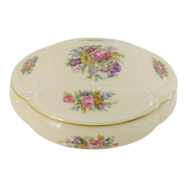 Large Vintage Rosenthal "Mouson" Ivory Porcelain Embossed Floral 24k Gold Trim Powder Vanity Jewelry Trinket Box For Sale