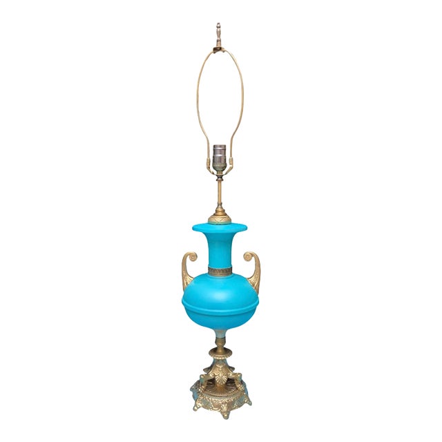 Mid-Century Blue Brass Table Lamp For Sale