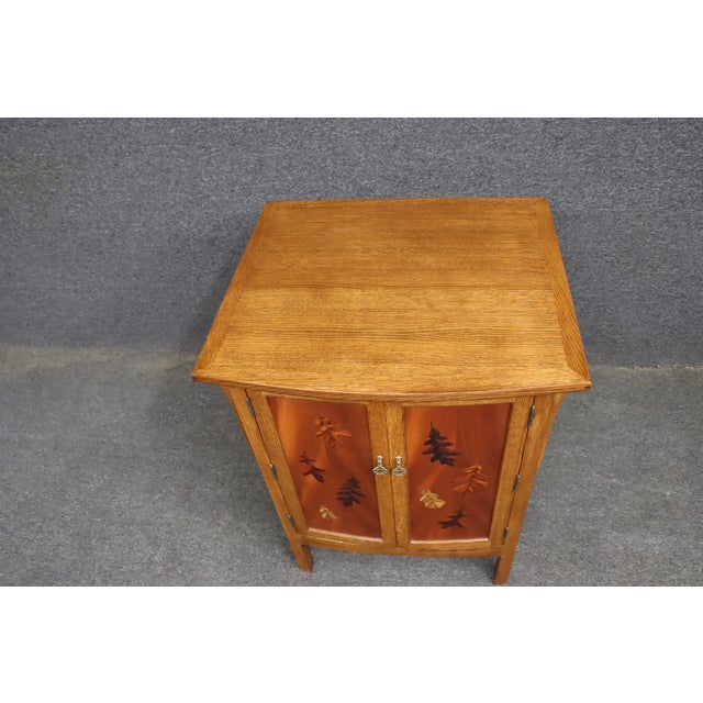 Late 20th Century Mission Arts & Crafts Style Quarter-Sawn Oak Media Cabinet With Emile Gallé Inspired Marquetry Inlay For Sale - Image 5 of 15
