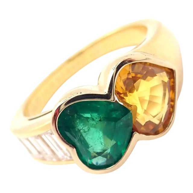 Van Cleef & Arpels 18k Gold Diamond Emerald Yellow Sapphire Ring Paper, size 6 For Sale