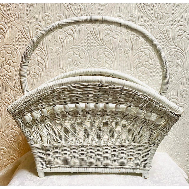 1960s Vintage Boho Beaded Wicker Fan Shaped Magazine Rack For Sale - Image 11 of 11