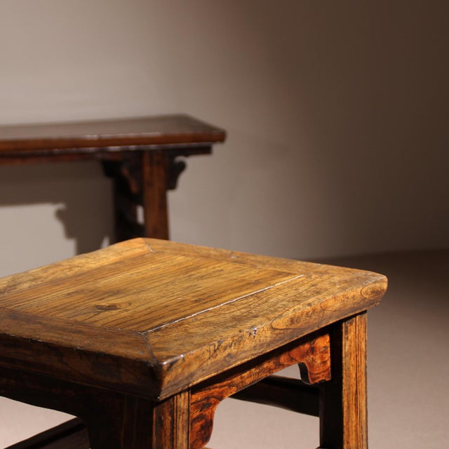 Vintage Rustic Bench with Stool and Coffee Table in Elm, 1980s, Set of 3 For Sale - Image 9 of 15