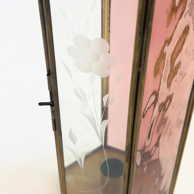 Brass Tall Etched Glass and Brass Candle Holder For Sale - Image 8 of 10