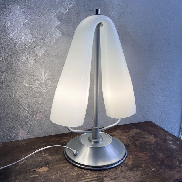 1980s Space Age Table Lamp with Curved Opal Glass Shade and Two Lights attributed to Mazzega For Sale - Image 5 of 12