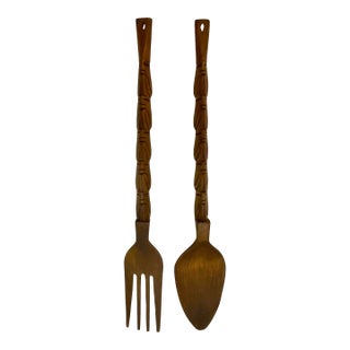 1970s Vintage Boho Chic Coastal Tiki Island Style Hand-Carved Wooden Fork & Spoon Sculptural Wall Objects - A Pair For Sale