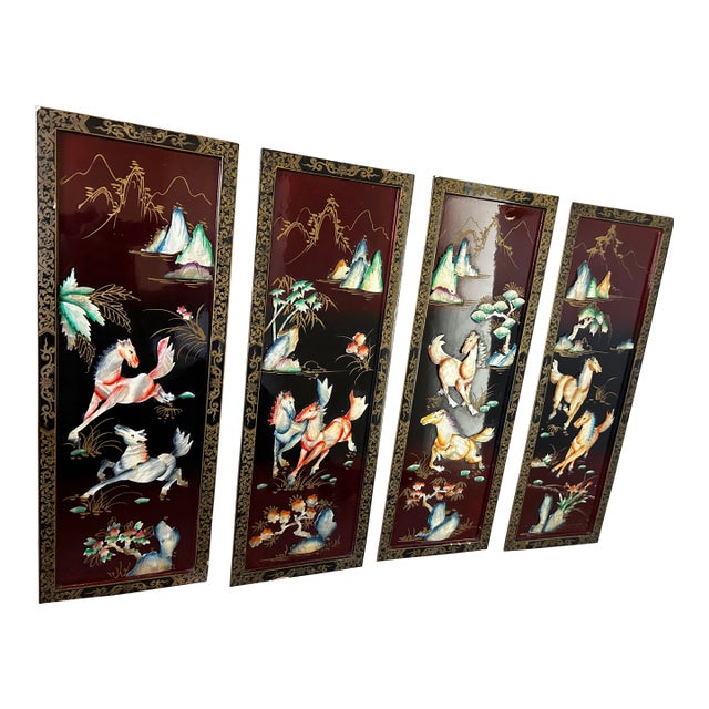 Vintage Mid Century Chinese Mother of Pearl Inlaid Panels With Horses Set 4 For Sale