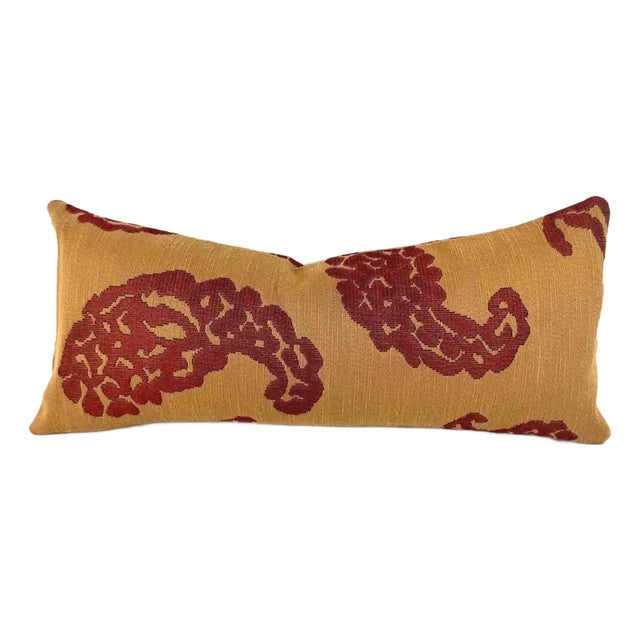 Scalamandre Katmandu in Gold and Red Lumbar Pillow Cover -Gold and Red Paisley Rectangle Cushion Cover For Sale