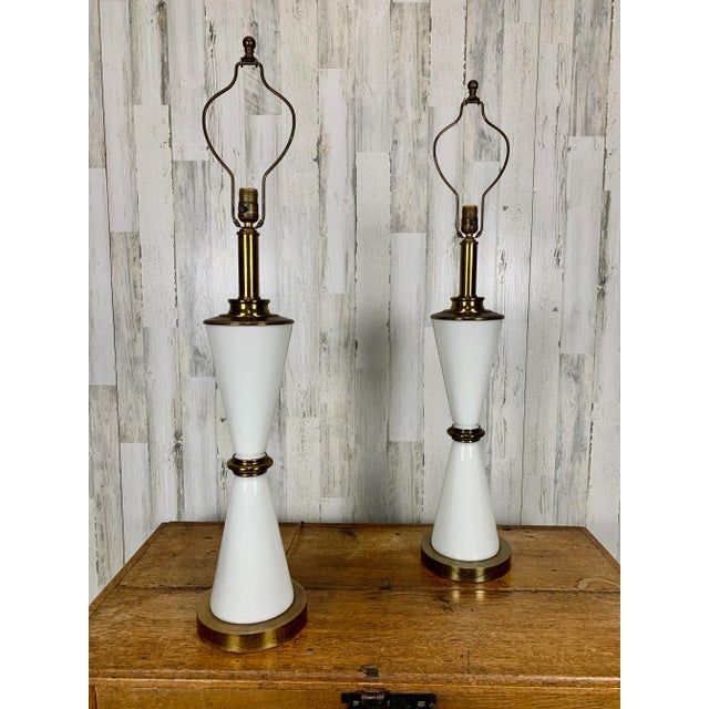 Mid 20th Century Milk Glass and Brass Hourglass Shaped Table Lamps For Sale - Image 5 of 12
