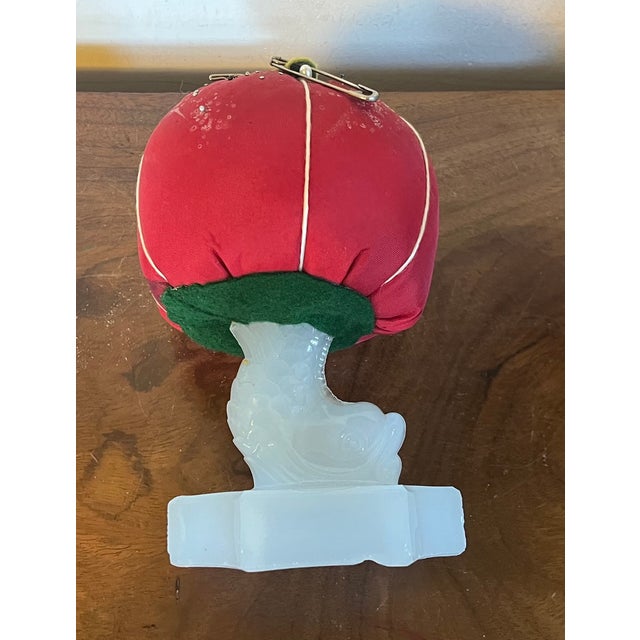 American Early 20th C. Make-Do Tomato Pin Cushion on 19th C. Dolphin Sandwich Glass Stand For Sale - Image 3 of 16