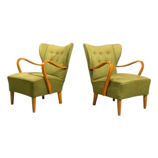 Swedish Modern, Lounge Chairs, Elm, Green Fabric, Sweden, 1930s For Sale