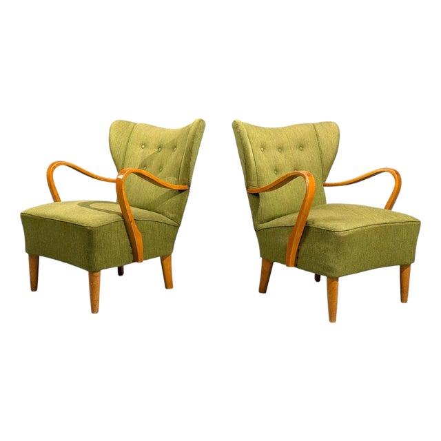 Swedish Modern, Lounge Chairs, Elm, Green Fabric, Sweden, 1930s For Sale