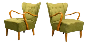 Swedish Modern, Lounge Chairs, Elm, Green Fabric, Sweden, 1930s