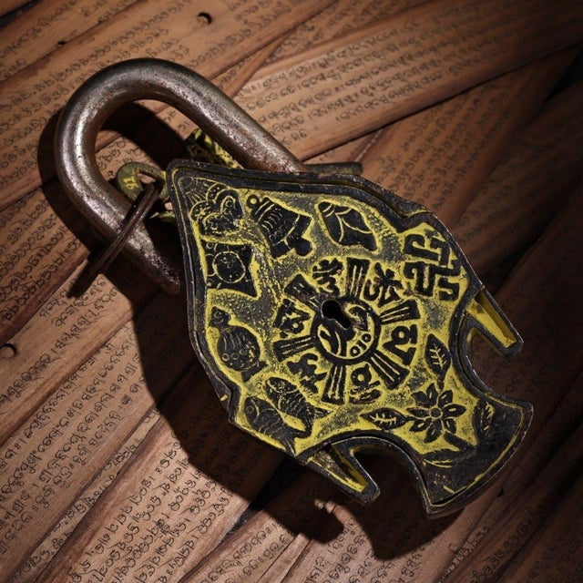 Vintage Bronze Buddha Head Padlock With Key and Auspicious Symbols For Sale - Image 9 of 9