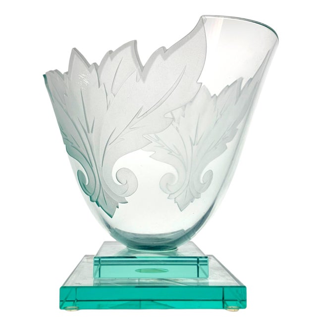 Circa 1990 Robert Guenther Signed Aqua Etched and Frosted Art Glass Leaf Vase For Sale - Image 4 of 12