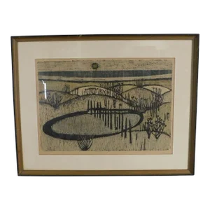 Mid Century Abstract Landscape Woodblock Print