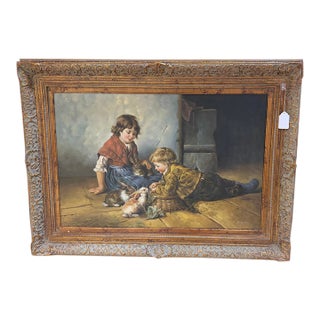 Large Vintage Framed Oil on Canvas ‘Feeding the Rabbits’ by S Renolds For Sale