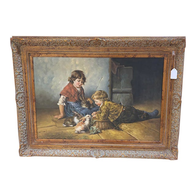 Large Vintage Framed Oil on Canvas ‘Feeding the Rabbits’ by S Renolds For Sale