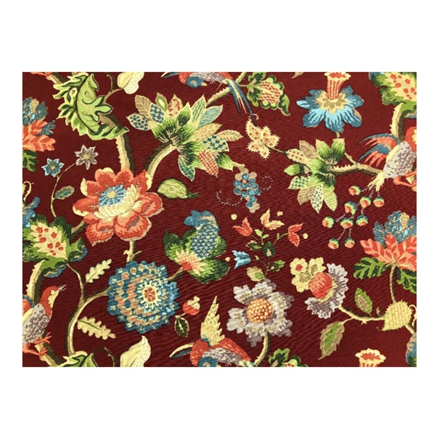 Lee Jofa Cameron Ruby Floral Jacobean Bird Print Linen Cotton Red Green Blue Mustard Yellow Upholstery Drapery Fabric For Sale