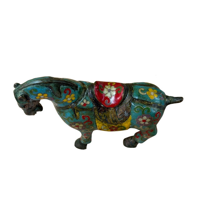 Vintage Chinese Turquoise Blue Flower Cloisonné Enamel Horse Statue For Sale - Image 9 of 13