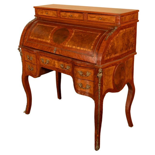 French Antique French Louis XV Cylinder Marquetry & Ormolu Bureau Writing Desk 1880 For Sale - Image 3 of 17