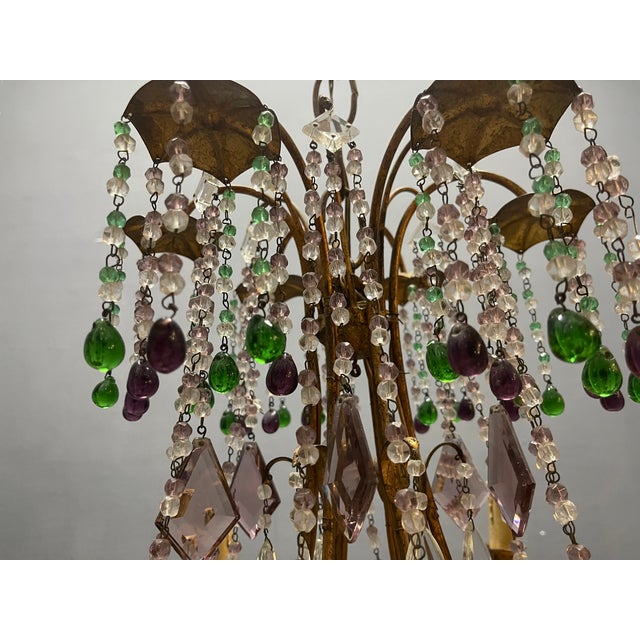 Italian Florentine Tole Gilt Murano Glass Beaded 6-Light Chandelier, 1950s For Sale - Image 13 of 17