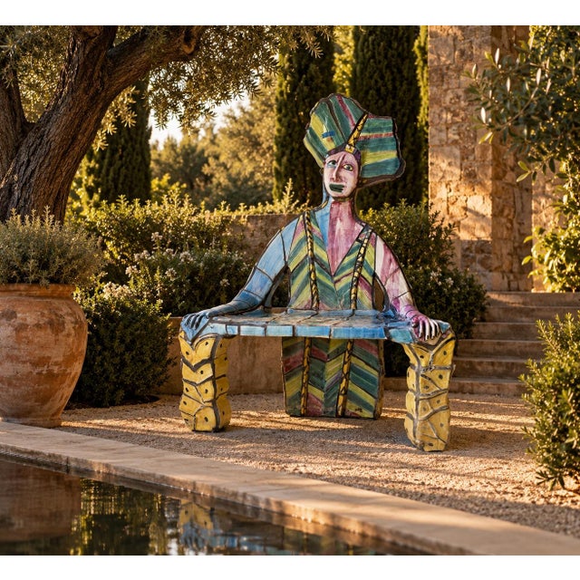 Extraordinary 1980s vintage handmade sculptural art bench featuring an expressive female figure with an oversized...