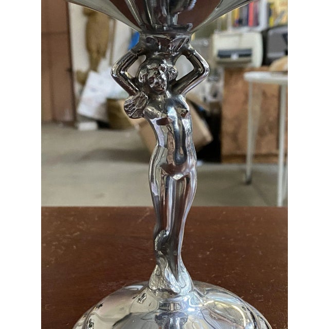 1930s Chrome Farberware Nude Women Art Deco Compote with Amber Glass Cup For Sale - Image 4 of 11