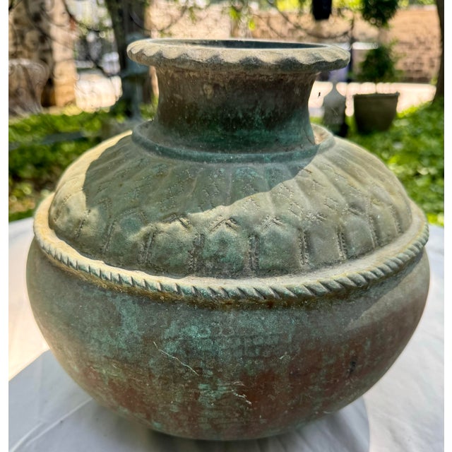 Early 20th Century Large Vintage Metal Water Jug / Vessel With Hand Tooled Designs and Amazing Patina From India For Sale - Image 5 of 12