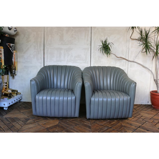 Martin Brattrud Vintage Pair of Gray Leather Channel-Tufted Club Chairs by Martin/Brattrud, 1987 For Sale - Image 4 of 14