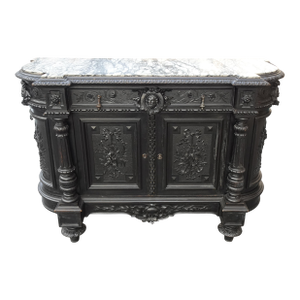 Antique French Renaissance Ebonized Baroque Marble Sideboard Buffet Made in France 1of2