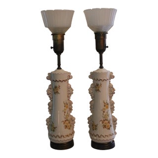 1930s Rembrandt Art Deco White Floral Porcelain Table Lamps - A Pair For Sale