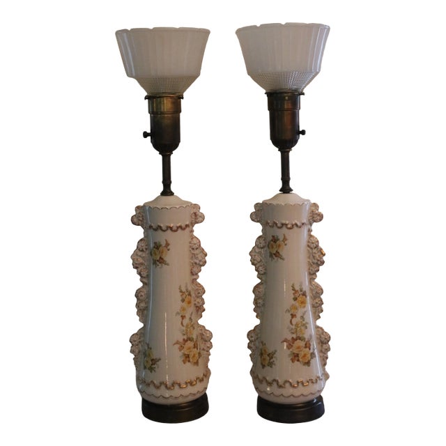 1930s Rembrandt Art Deco White Floral Porcelain Table Lamps - A Pair For Sale
