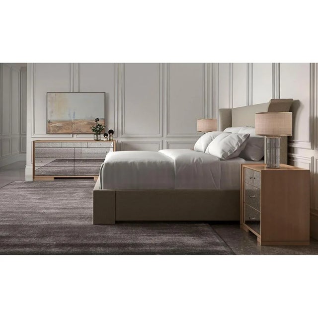 Modern Flared Modern Fully Upholstered Queen Bed - Oatmeal For Sale - Image 3 of 4