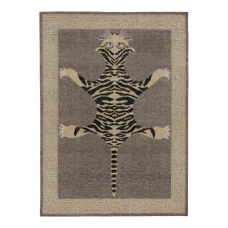 Rug & Kilim’s Distressed Tiger Rug in Taupe-Brown With Beige and Black Pictorial For Sale
