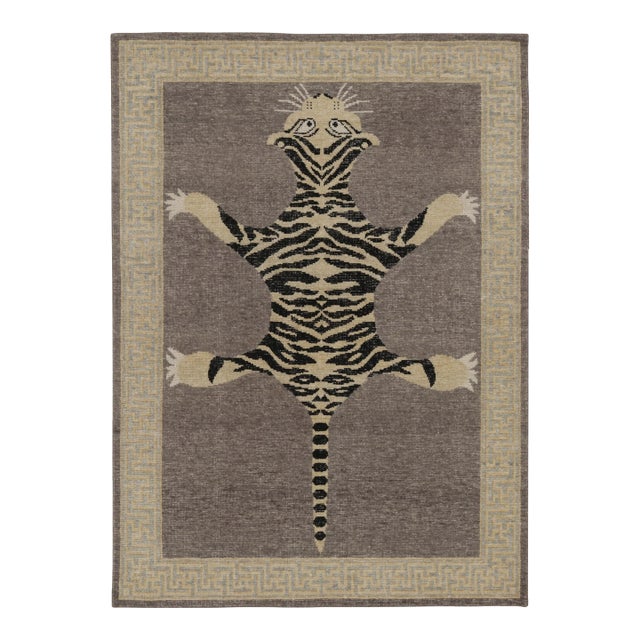 Rug & Kilim’s Distressed Tiger Rug in Taupe-Brown With Beige and Black Pictorial For Sale
