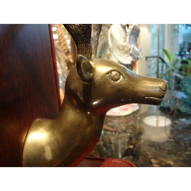 Vintage Brass and Wood Stag Bookends-A Pair For Sale - Image 4 of 9