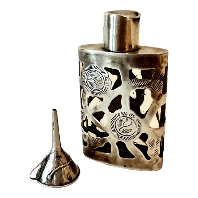 19th Century Sterling Silver Filigree Bottle with Sterling Perfume Funnel For Sale