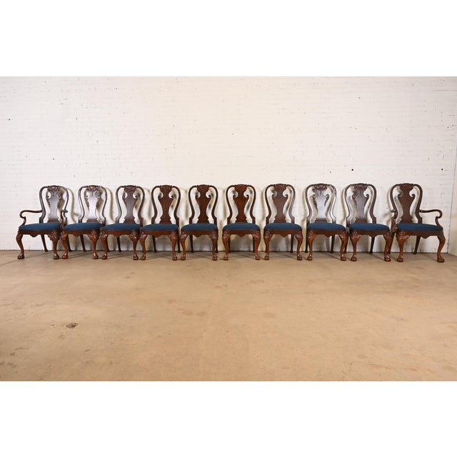 English Baker Furniture Stately Homes Georgian Carved Burled Walnut Dining Chairs, Newly Refinished For Sale - Image 3 of 14