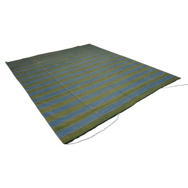 Traditional Vintage Dhurrie Rug With Blue and Green Stripes | Rug & Kilim For Sale - Image 3 of 6