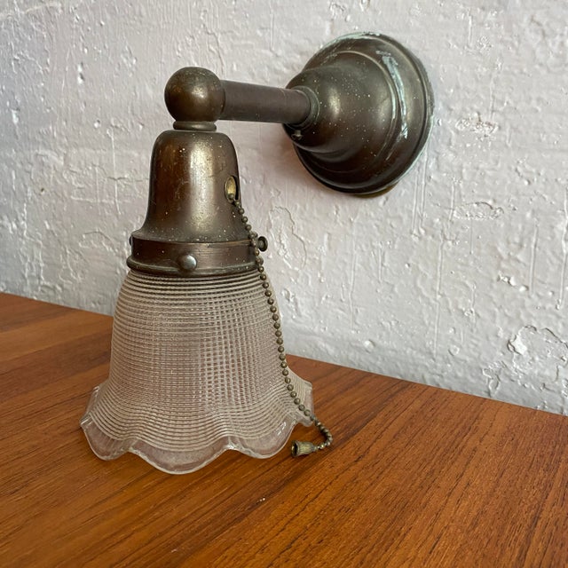 Antique Industrial Steel Wall Sconce With Holophane Glass Shade For Sale In New York - Image 6 of 12