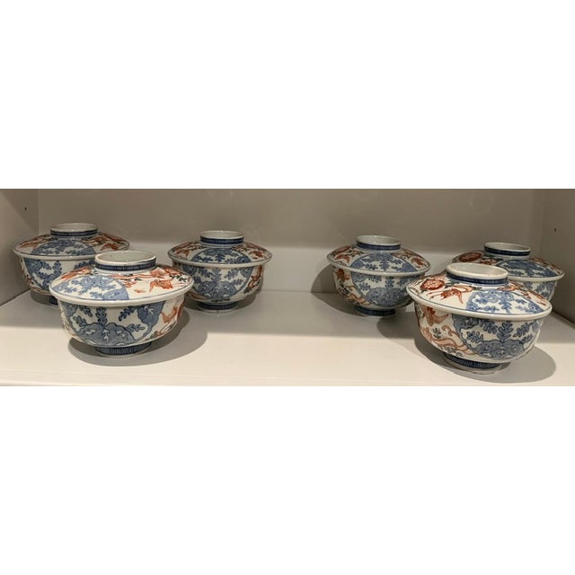 Antique Colored-Imari Rice/Soup Bowls With Lids - Rare Collection of Set of 12 For Sale - Image 13 of 18
