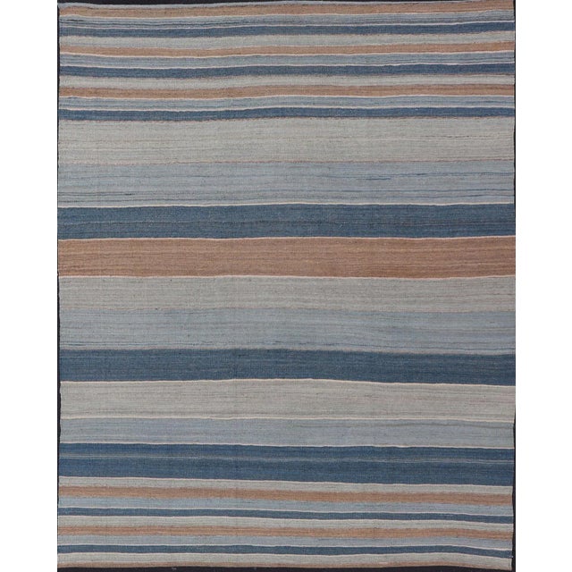 Striped Kilim Blue and Brown Hand Woven Wool by Keivan Woven Arts 9'3 X 12'0 For Sale - Image 13 of 13