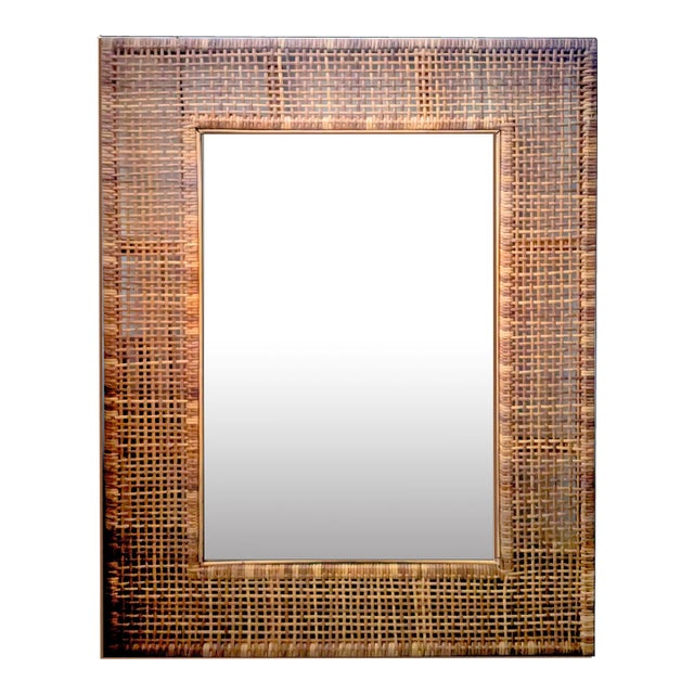 X-Large Mid Mod Artisanal Wicker Cane Framed Wall Mirror For Sale