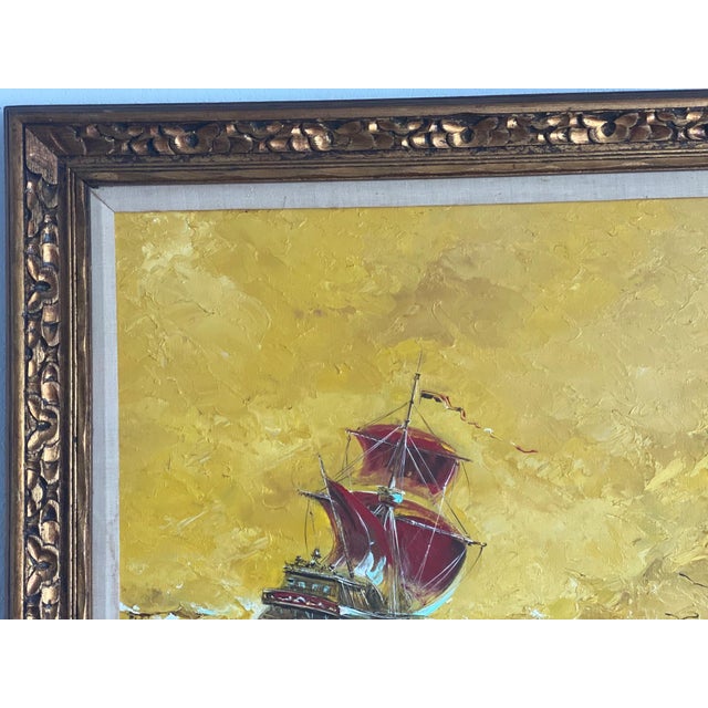 Late 20th Century Large Vintage Original Oil Painting by Rj Fowles Wwii Veteran Red Sailing Ship Yellow Ocean Background Framed and Matted For Sale - Image 5 of 11