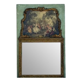 French Louis XV Style After Nicolas Lancret Painted Trumeau Gilt Wood Mirror For Sale