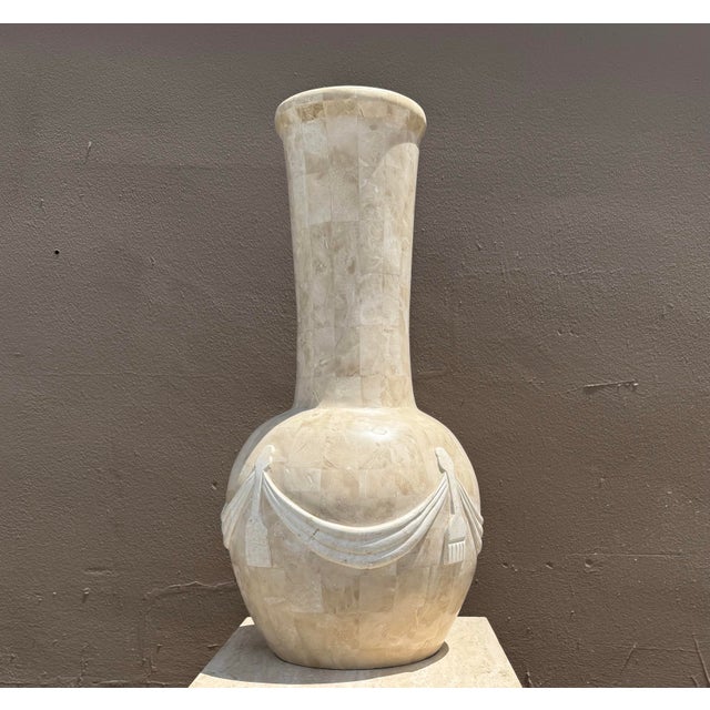 Contemporary Vintage Tessellated Stone Vase With Ribbons For Sale - Image 3 of 9